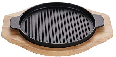 HPTHLY Piatto Sizzle in Ghisa, Piatto da Bistecca in Ghisa con Base in Legno per Ristorante Cucina Domestica Padella Grigliare Carne Frutti di Mare-26 cm