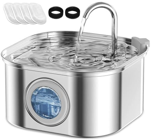 AQXONG Fuente de Agua para Mascotas de Acero Inoxidable, 3.2L Bebedero para Gatos, Filtrado Múltiple, Fuente de Agua para Gatos Ultra Silenciosa con Luz LED, 4 Elemento Filtrante+2 Algodón Filtrante