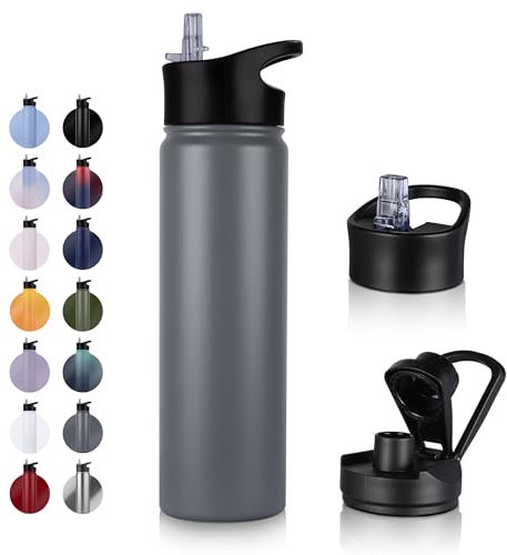 UMBFUN Edelstahl Trinkflasche - 750ml - mit Strohhalm,Auslaufsicher,Kohlensäure Geeignet,BPA frei Thermosflasche(+2 Deckel) Vakuum Doppelwandisolierung für Sport,Reisen,Camping,Schule,Fahrrad,Gym