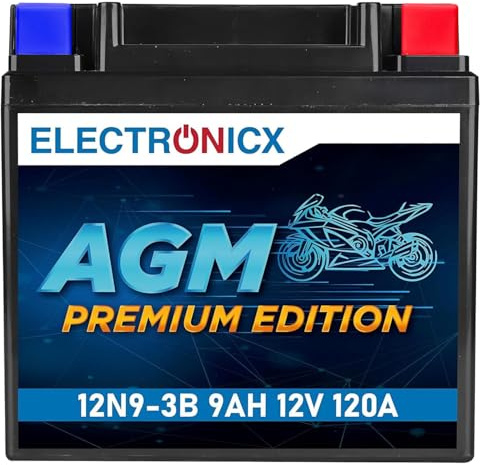 Electronicx, AGM, Motorradbatterie 12V 9Ah 120A CCA 12N9-3B – versiegelte, auslaufsichere, kompakte unf wartungsfreie Starterbatterie - 135×76×130,5 mm - Roller, Mofa, Quad, Motorrad und ATV
