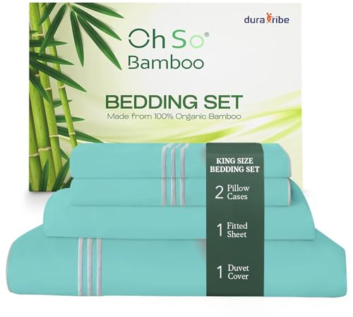 DURA TRIBE Oh So Bamboo Bedding Set 4 Piece King - Duck Egg Blue - Hypoallergenic Duvet Cover, Fitted Sheet & 2 Pillowcase Made from 100% Organic Bamboo Viscose Cooling Silky-Soft & Smooth Material