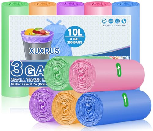 XUXRUS 200 Pezzi Sacchetti Spazzatura Piccoli, Sacchi Immondizia 10 Litri 45x50cm, Anti-Perdite, Senza Odore, Ultraresistenti per Cucina, Soggiorno, Ufficio (Colorato)