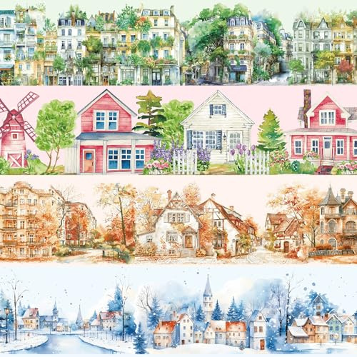 CGLRybO Washi Tape Vintage Stadt Gebäude Washi Sticker Stadt Landschaft PET Tape 4 Rollen Nordic Town Dekoratives Klebeband Wasserfeste Aufkleber DIY für Bastelarbeiten, Scrapbook Zubehör