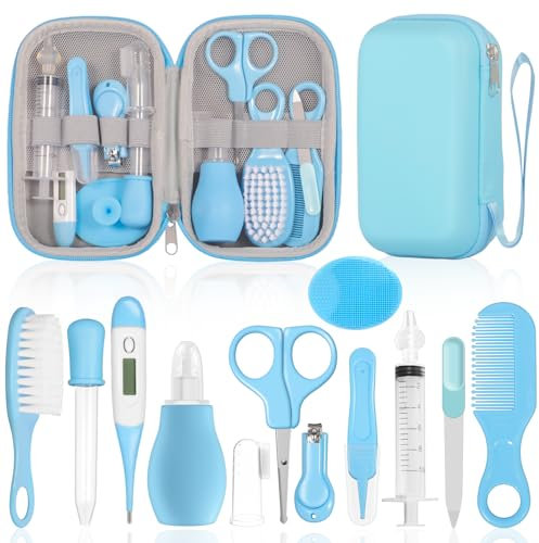 GLOSKIN Kit Unghie Neonato, Set di 13 Pezzi, Dotato di Set Manicure Neonato, Neonato Accessori Utili,Pettini e Altri Vari Set di Assistenza Alla Sicurezza Del Bambino, Baby Daily Care Essentials (Blu)