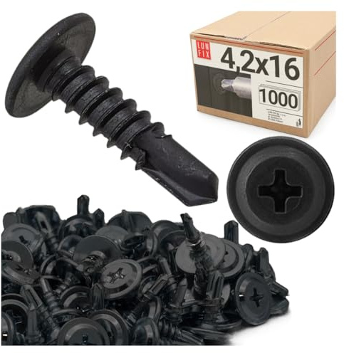 LUN FIX Bohrschrauben 4,2x16 mm Schwarz 1000 Stk Kreuzschlitz | Selbstbohrende Blechschrauben Stahl fosfatiert mit Unterlegscheibe PH Metallschrauben für Trockenbau Metallprofil Rigips
