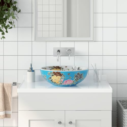 Lavabo da Appoggio Tondo in Ceramica, Design Multicolore con Motivo Decorativo, Per Bagno o Toilette, Diametro 41 x Altezza 14 cm