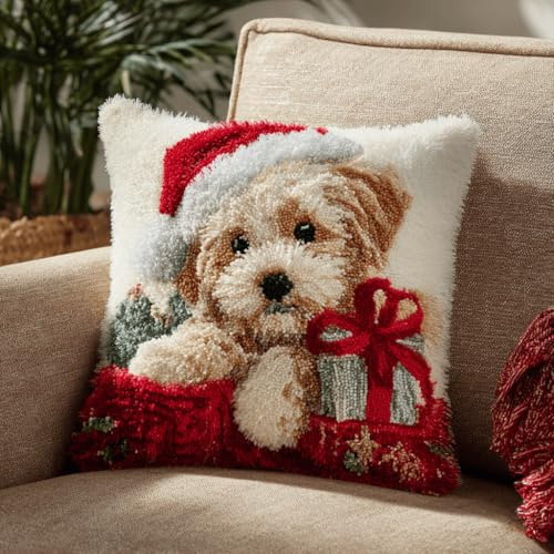 XDEGHUANGSS DIY Xmas Cushion Latch Hook Kit for Adults,Relaxing Holiday Craft Activity, Make a Festive Throw Pillow with Colourful Yarn & Printed Canvas,43x43 cm-3