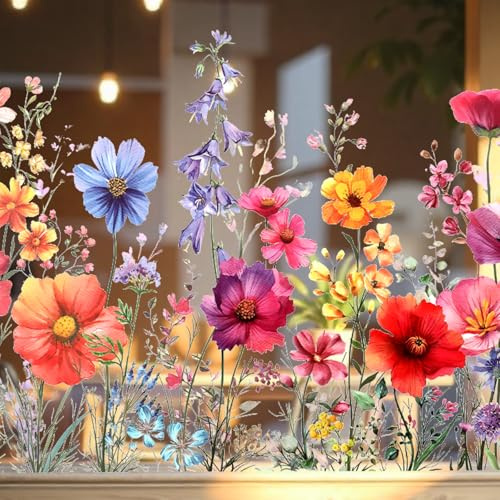 DOPENSPI Flower Window Sticker, Double Sided Wildflower Grass Wall Decals Flower Windows Clings for Glass Windows Cut Freely Floral Window Stickers for Home Office Decor