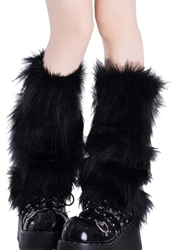 AUNGCSHE 40 cm Beinstulpen Damen aus Kunstfell, beinwärmer, Winter leg warmers, fell stulpen, für Stiefel, Alltag, Fasching Mottoparty Verkleidung(Schwarz)