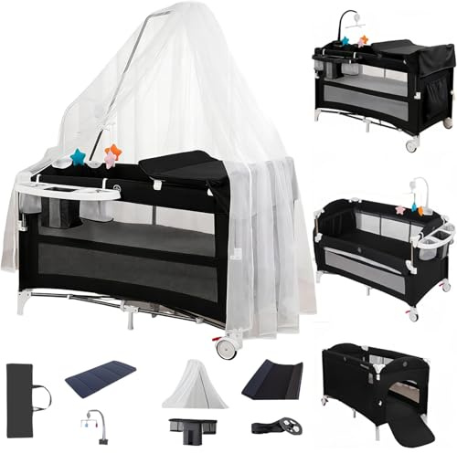 Doraystar Pack and Play Baby-Reisebett, Faltbares und Tragbares Beistellbett, Großer Spielbereich mit Matratze und Wickeltisch (6602 Black with Net)