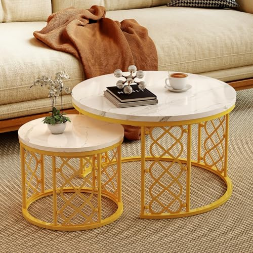 okwish Set mit 2 runden Couchtischen mit MDF-Tischplatte in Marmoroptik und Metallrahmen im herzförmigen Hohldesign, Satztische fürs Wohnzimmer, Balkon und Büro, Größe 70x45 + 45x37 cm, Gold