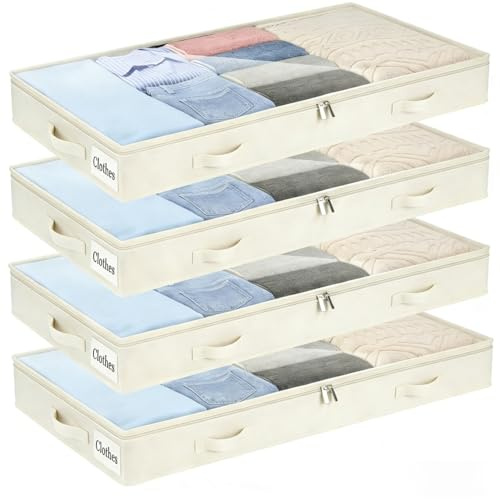 Förvaringsväskor under sängen 4-pack, 10 cm hög stor förvaringsbox under sängen med dragkedja, vikbar grund garderobsförvaring med klart fönster och förstärkt handtag för kläder, filtar, skor