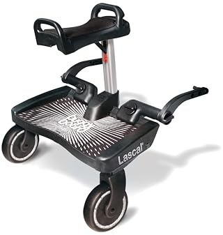 Lascal BuggyBoard Maxi+, Kinderbuggy Trittbrett mit großer Stehfläche und Saddle, Kinderwagen Zubehör für Kinder von 2-6 Jahren (22 kg), kompatibel mit fast jedem Buggy, schwarz mit rotem Sattel