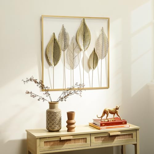 HOMCOM Wanddeko 3D Luxuriöse Wandbild Metallbild 70 x 70 cm Wandskulptur mit einzigartigem Blattdesign Wanddekoration Wohnzimmer-Kunst für Schlafzimmer Gold