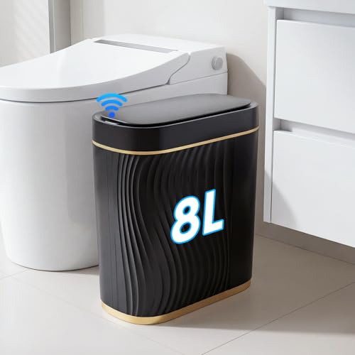 Gaethra Cubo de Basura Para Baño con Sensor Inteligente Cubo Basura Estrecho sin Contacto Papelera con Tapa Cocinas Dormitorios Oficinas Cierra Silenciosamente y Resistente Agua (negro, 8, Litros)