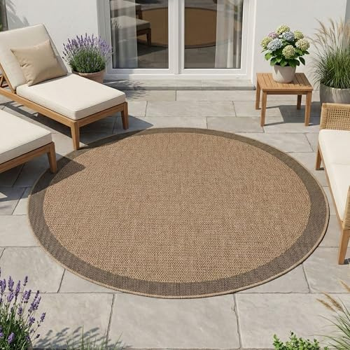HomebyHome Outdoor Teppich Rund 200 cm Wetterfest Pflegeleicht Jute Natur Optik Bordüre Design für Garten Terrasse Wohnzimmer Esszimmer