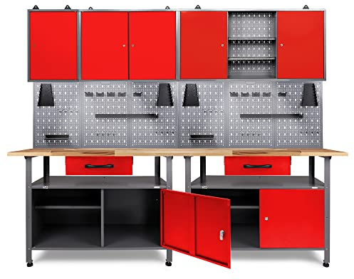 Ondis24 Werkstatt Set Klaus 240 cm 3 Schränke LED (Arbeitshöhe 85 cm, Rot)