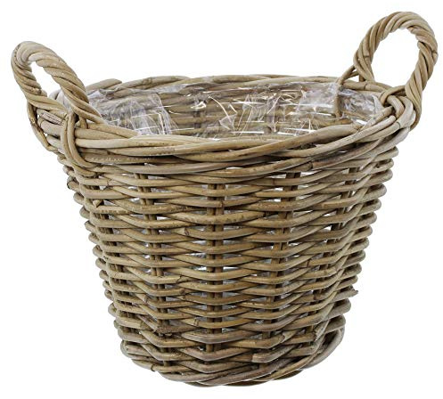FRANK FLECHTWAREN Pflanzkorb Rattan Mittel, Koboo-Grey, Mit Folie und Griffen, ca. Ø 35x25 cm, Innen und Außen, Boho Deko