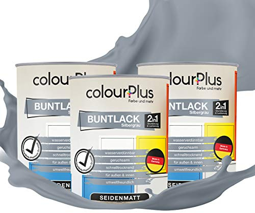 colourPlus 2in1 Buntlack Seidenmatt (2,25L Silbergrau/Grau RAL 7001) – Wetterfeste Holzfarbe Holzlack Küchenmöbellack. Getrocknet auch für Kinderspielzeug. Schnelltrocknend, Für Innen Außen