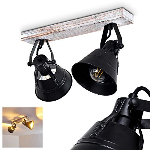 HOFSTEIN Deckenleuchte Berkeley, verstellbare Deckenlampe aus Metall/Holz in Schwarz, 2-flammig, Lampenschirme dreh- u. schwenkbar, 2 x E27-Fassung, Spot im Retro Design, ohne Leuchtmittel
