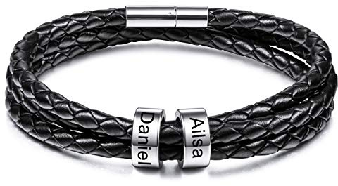 MeMeDIY Personalisierte Armbänder Gravur 2～6 Namen Individuelle Identifikation ID für Frauen Männer Echtes Leder Edelstahl Perlen Geflochtene Manschette Brautjungferngeschenke Beste Freundin