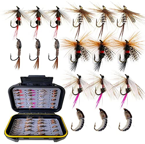 Fly Fishing Flies Kit, 50Pcs Handmade Fly Fishing Gear with Dry/Wet Flies, Streamers, Fly Assortment Trout Bass Fishing with Fly Box (6 Mixed Styles)