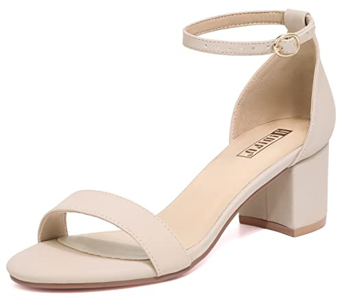IDIFU Women's Cookie-LO Low Block Heels Chunky Sandals Ankle Strap Wedding Dress Pump Shoes(Nude Nubuck, 8)