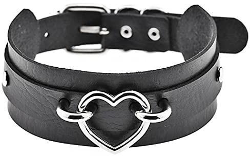 Aabellay Breit Lederhalsband Halskette Herz Form Damen Leder Choker Metall Ring Halsband Gotik Punk Rock Lederband Einstellbar Kragen - Schwarz mit Silber Herz
