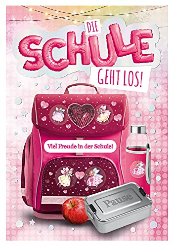 KE - Zauberhafte Karte zur Einschulung, Glückwunschkarte zum Schulanfang für Mädchen, Schulstart, DIN B6 Klappkarte mit Umschlag, Motiv: Schulmappe pink