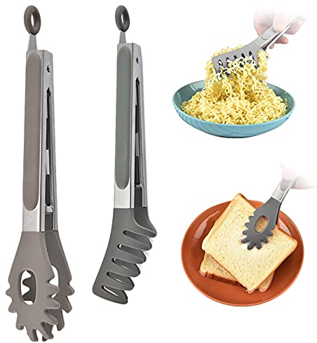 Bncxdc nudelzange, küchenzange Grillzange 2er-Set, Edelstahl und Silikonspitzen spaghettizange, Hitzebeständige Fleischzange mit Verriegelungsclip, Servierzange für Kochen, Grillen, 25,5cm, Grau