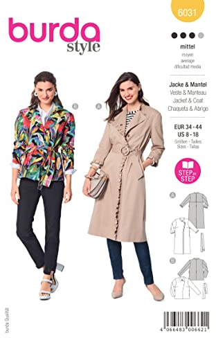 Burda Style Katalog-Schnittmuster Mantel und Jacke mit Gürtel | Damen, Gr. 34-44 | Nählevel: Mittel #6031