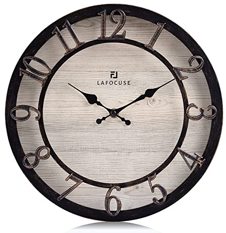 Lafocuse Vintage Wanduhr Lautlos Schwarz, Retro Große Erhöhte 3D-Ziffern, Landhausstil Stille Shabby Chic Antik Deko Ohne Ticken für Wohnzimmer Schlafzimmer Küche 30cm