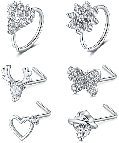 Mayhoop Nasenpiercing Nasenring Piercing Nasenstecker 20G Chirurgenstahl mit Herz Blume Schmetterling Geweih CZ Nasenpiercing Ring Stecker 6 Stück für Damen Herren Silber