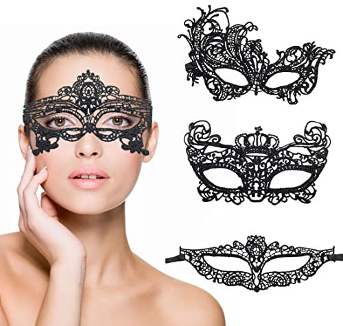 Clyhon 4 Stück Damen Spitze Maske - Venezianische Sexy Lace Augenmaske Schwarz für Halloween, Karneval, Party, Kostüm Ball