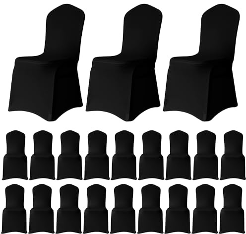 WedDecor Flat Front Stretch Wedding Chair Covers, Black, Pack of 50 | Universal Fit Washable Removable Chair Protector for Banquet Hotel Christmas New Year Party Decoration