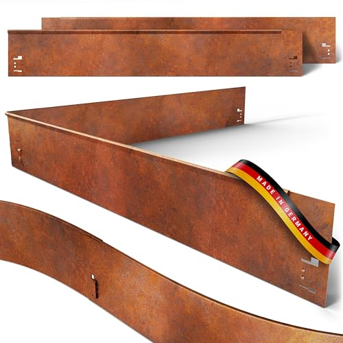 Rasenkante-Metall – 11,4m Verlegelänge - Garten Beeteinfassung Metall 13,5cm hoch - Stabile Beetbegrenzung Corten-Stahl -10er Set Metall-Rasenkante je 1,2m Länge - Verformbar & Ultraleicht