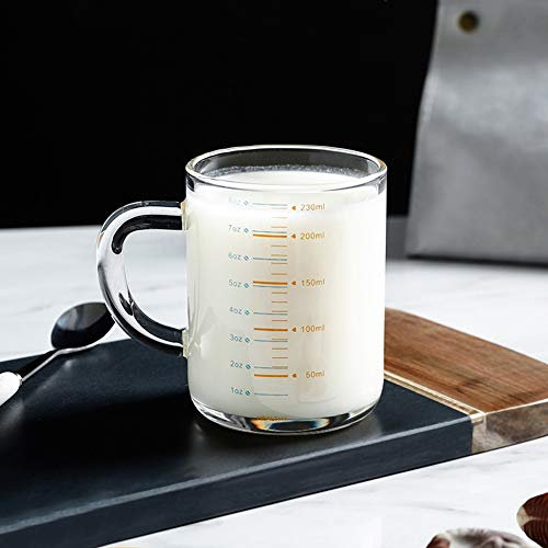 Tasse à Lait Enfant Tasse en Verre avec Poignée Tasse d’Eau Transparente avec Échelle 230ML Tasse de Lait pour Enfants Verre Résistant à la Chaleur pour Café Pichet d'eau Chaude Froide