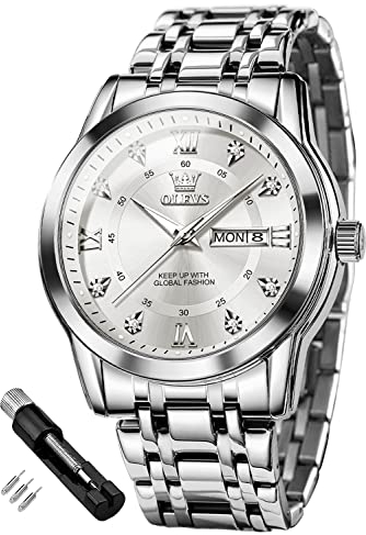 OLEVS Herrenuhren Silber Weiß Edelstahl Uhr Männer mit Diamant Gesicht Quarz Wasserdicht Lässige Elegante Armbanduhr Geschenk