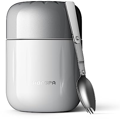 BSWAY Thermobehälter für Essen, 510ml Edelstahl Warmhaltebebehälter mit Faltbaren Löffel,Thermo Speisgefäß Unterwegs für Speißen,Babynahrung,Suppe,Brei,Joghurt Hält 12 Stunden Heiß oder Kalt