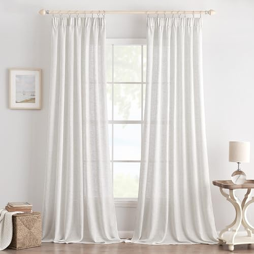 EMEMA Tende Lino Trasparente con Fettuccia Tenda a Traslucido Tenda per Interni Tende Moderne a Vela per Porte Balcone Adatte per Soggiorno Camera da Letto 2 Pannelli 140x260 cm Bianco
