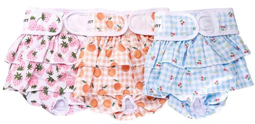 Avont 3 Pack Washable Female Dog Diapers, Reusable Period Diapers Cover for Girl Doggies Heat Cycle, Incontinence -Strawberry/Orange/Cherry(S)