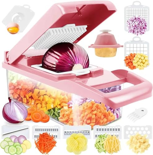 Picador de alimentos multifuncional 15 en 1, cortador de verduras de cocina, cortador de cebolla profesional, picador de verduras con 8 cuchillas, picador de zanahoria con recipiente verde (rosa)