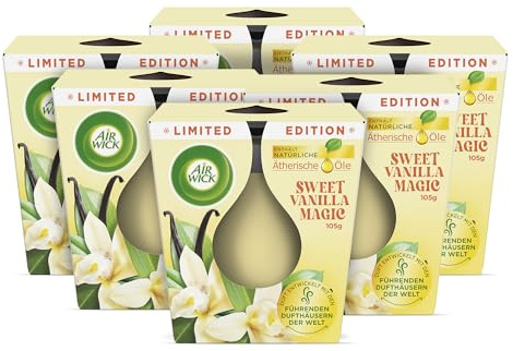 Air Wick Wohlfühl-Duftkerze im Glas – Duft: Sweet Vanilla Magic – Je bis zu 20 Stunden Brenndauer – Enthält natürliche ätherische Öle – 6 x 105 g Duftkerzenset
