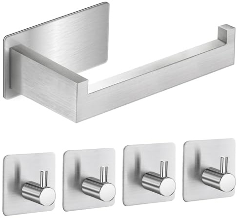 Toilettenpapierhalter Ohne Bohren, Selbstklebend Klopapierhalter WC Papierhalter Edelstahl Toilettenpapierrollenhalter mit 4 Stück Handtuchhaken für Küche und Badzimmer, Silber