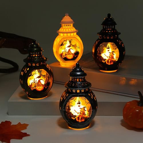 Halloween Deko Kürbis Geister Laterne mit LED Kerzen, Hängende Halloween Dekoration LED Kerzenlaterne Flammenlose Flackernde LED Kerze Windlicht Batteriebetriebene Laternen für Tischdeko (4 Stück)