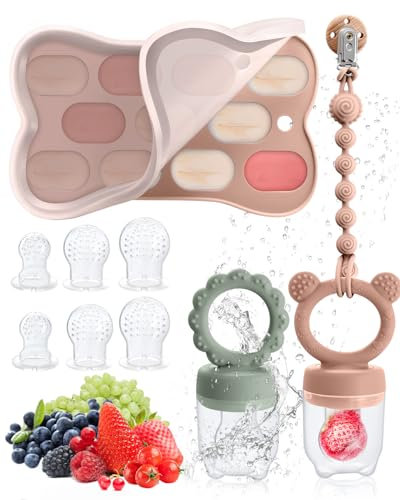 Mittimiya Paquete de 2 comederos de frutas para bebés, molde para paletas de bebé y cadena para chupete, moldes para paletas de leche materna para alivio de enfriamiento del bebé (verde y rosa)