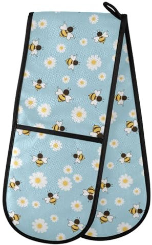 Bee and Daisy Flowers Double Oven Mitt Heat Resistant Non-Slip Kitchen Gloves Extra Long 7 x 35 for Cooking Baking Barbecue Grilling