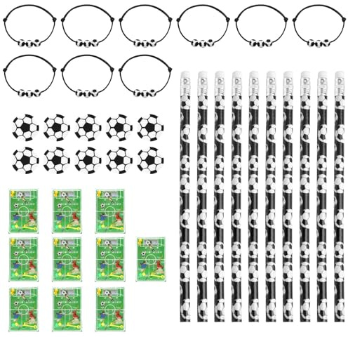 HENGBIRD Juego de 40 obsequios de fútbol, fiestas, obsequios para niños, 10 fútbol, juego de pinball, 10 pulseras de fútbol, 10 lápices de fútbol, 10 gomas de borrar