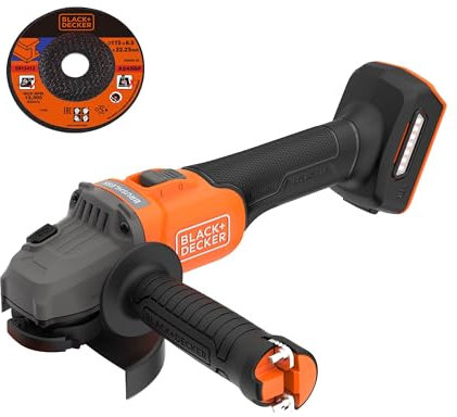 BLACK+DECKER Akku-Winkelschleifer (18V, 115mm Scheiben-ø, bürstenlos, Sanftanlauf, für Trenn, Schleif- und Schrupparbeiten, mit Zusatzhandgriff und Schutzhaube, ohne Akku und Ladegerät) BCG6L8N