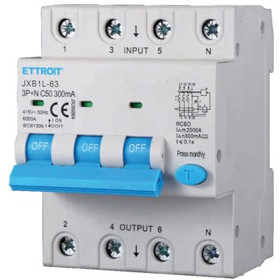 A2ZWORLD Interrupteur magnétothermique différentiel triphasé, type A 300mA, RCBO Classe A 4P C50 50A, courbe C 3P+N 6000A, occupe 4 modules DIN, AC 400V IP20